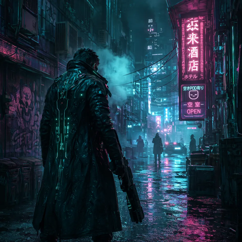 Cyberpunk mercenary in a neon-lit alley generated by Nano Banana 2 Pro with volumetric fog and teal-magenta palette