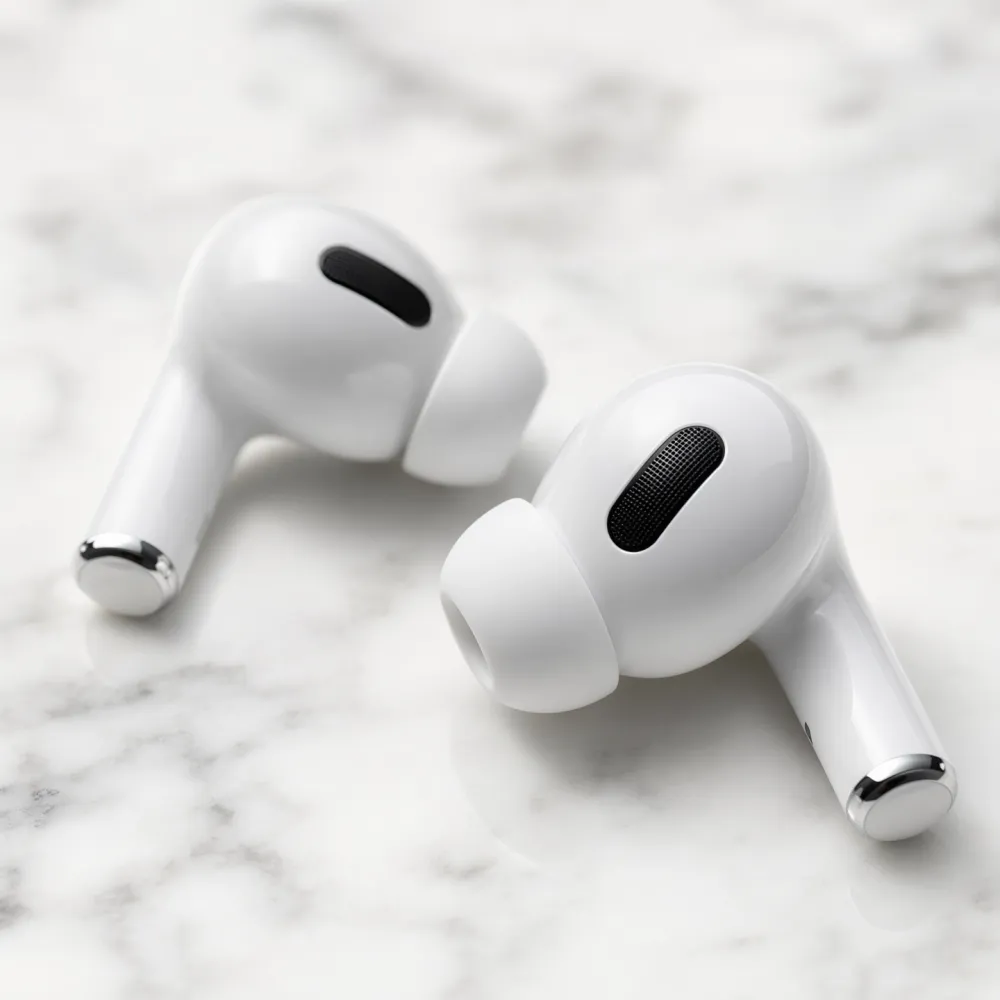 Sleek wireless earbuds on white marble surface generated by Nano Banana 2 Pro in Apple-style product photography