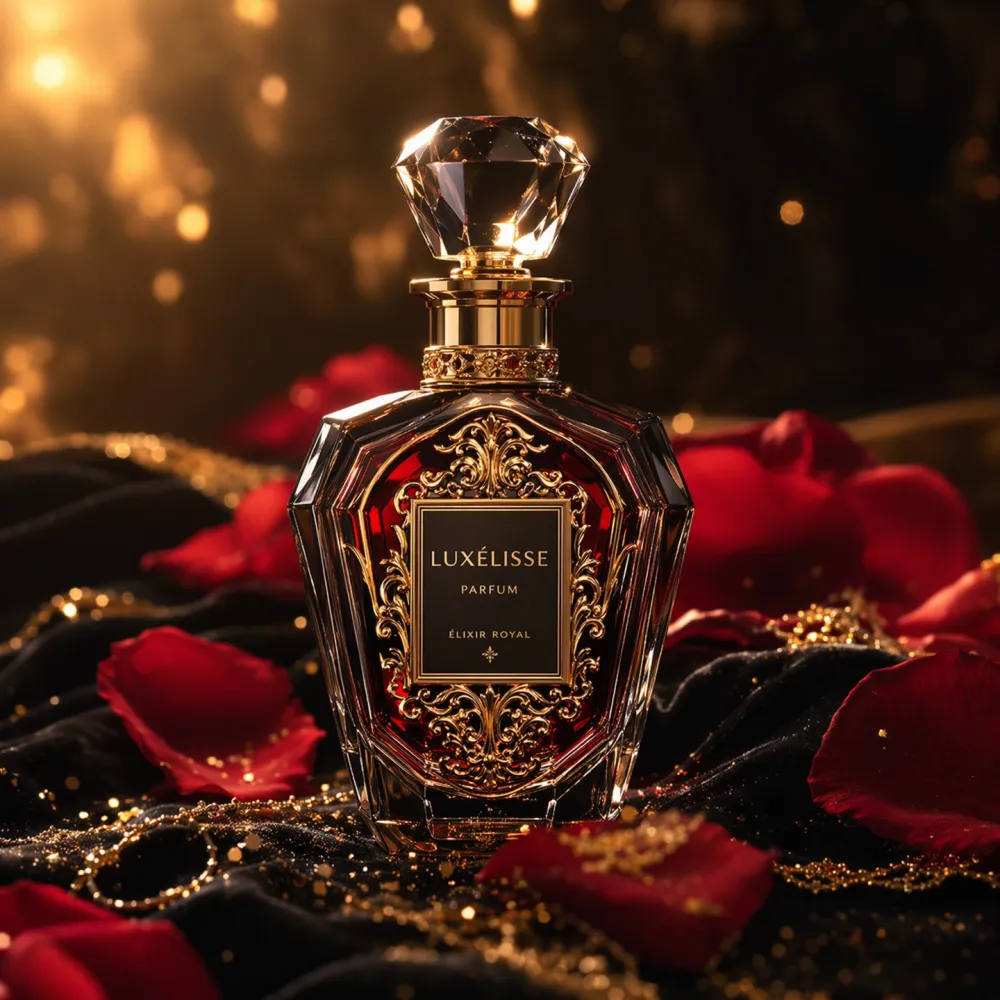 Opulent perfume bottle on black velvet with rose petals and gold dust generated by Nano Banana 2 Pro