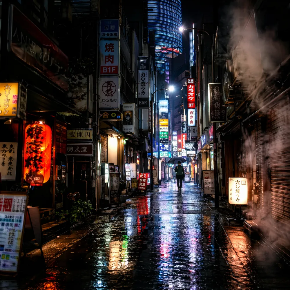 Rain-soaked Tokyo alley at midnight with neon reflections in puddles generated by Nano Banana 2 Pro