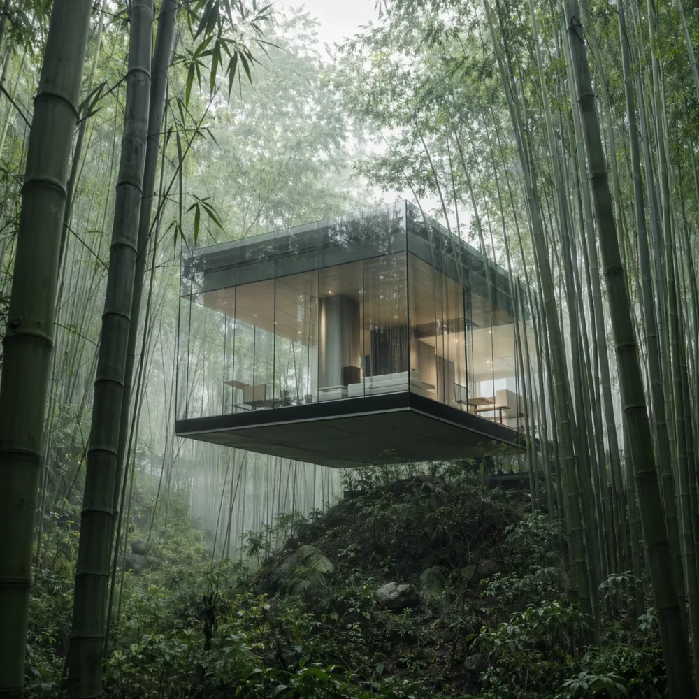 Floating glass house in a Japanese bamboo forest generated by Nano Banana 2 Pro with clean geometric lines