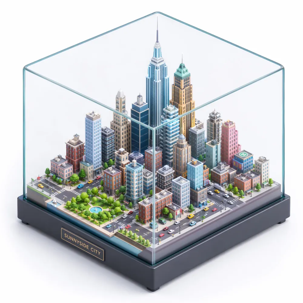 Isometric 3D city diorama in a glass cube with miniature skyscrapers generated by Nano Banana 2 Pro