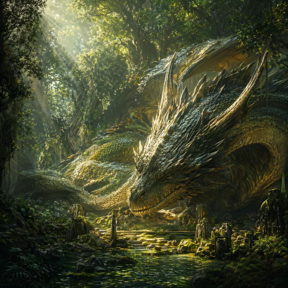Massive ancient dragon resting in a primordial forest generated by Nano Banana 2 Pro in high fantasy digital art style