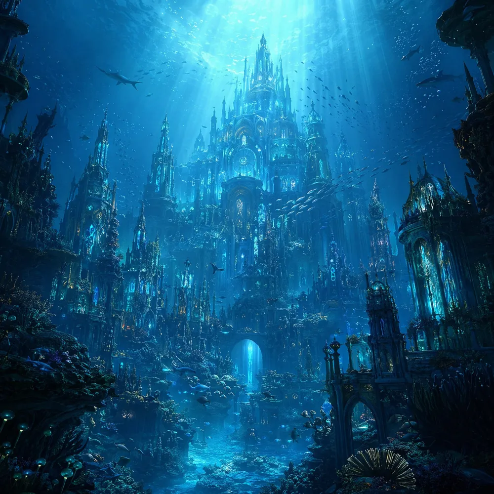 Ancient underwater city with glowing bioluminescent architecture generated by Nano Banana 2 Pro in epic concept art