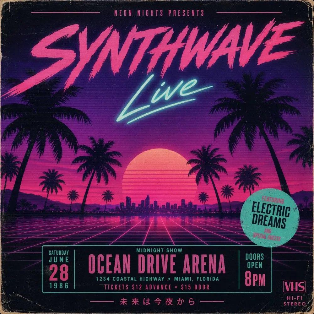 Retro 1980s synthwave concert poster with neon grid and VHS aesthetic generated by Nano Banana 2 Pro