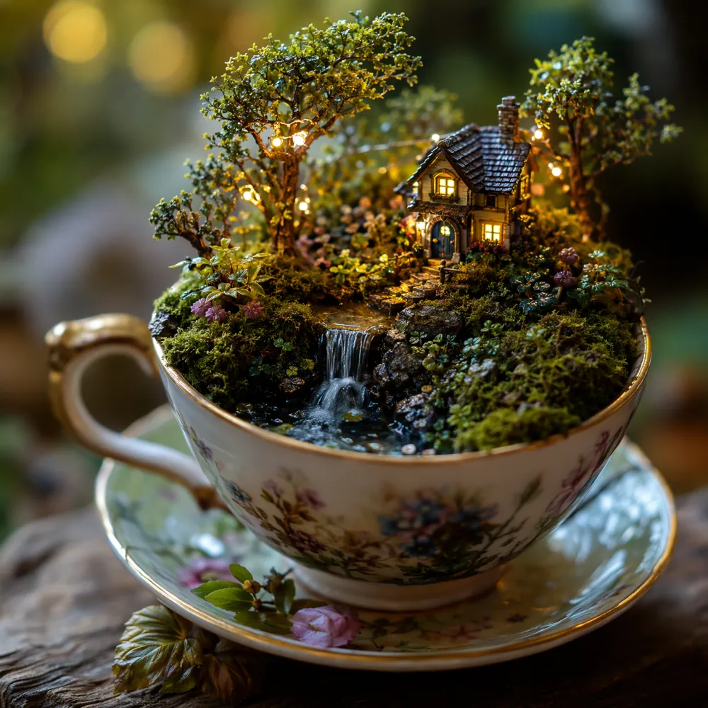 Tiny magical forest world inside a teacup generated by Nano Banana 2 Pro in macro photography style
