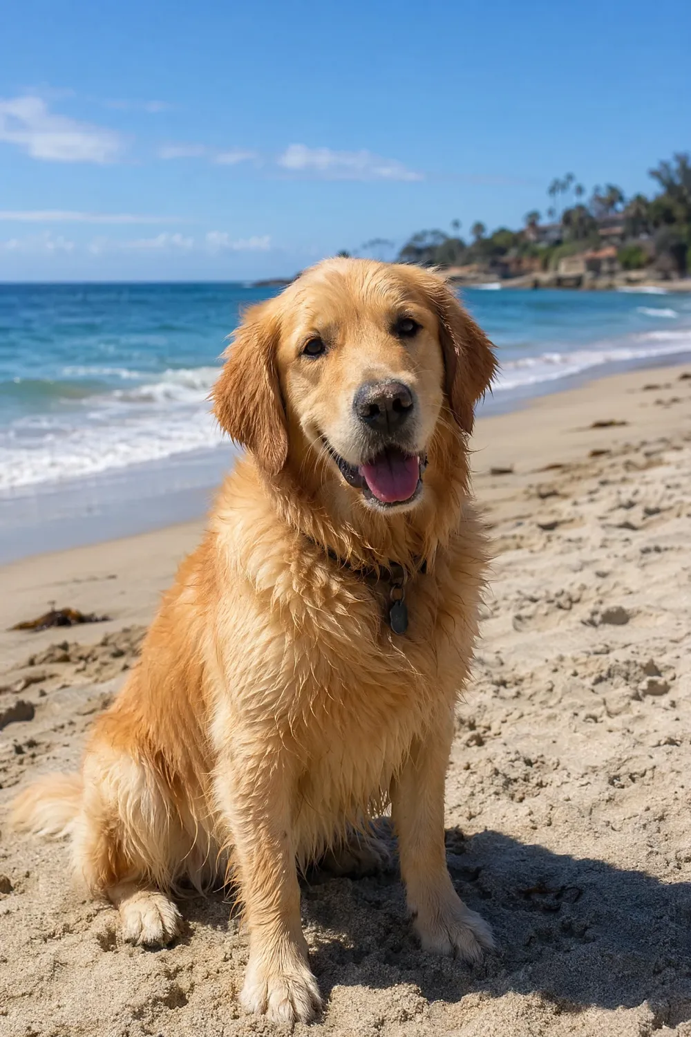 AI image generated with detailed prompt: golden retriever on beach at golden hour