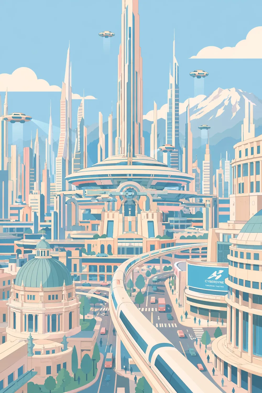 Flat illustration style AI image of a futuristic city