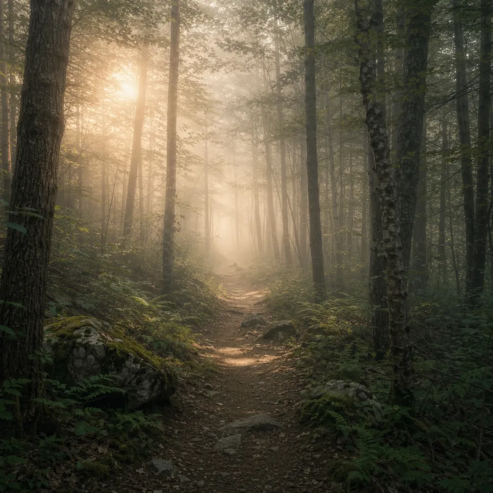 AI image of a misty ethereal forest path at dawn