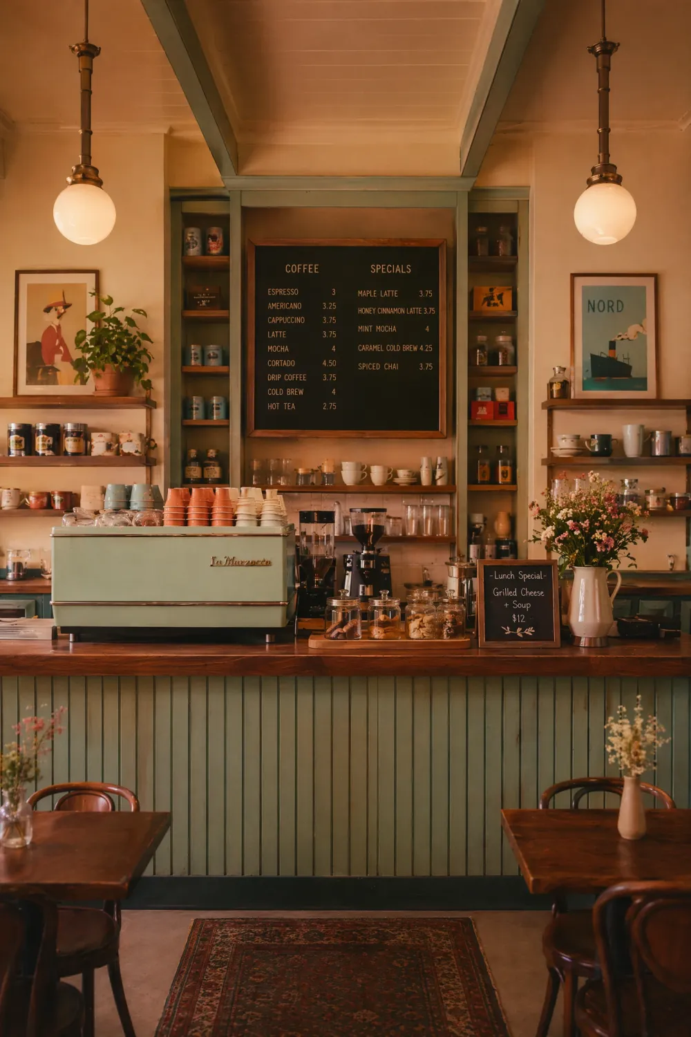AI image of a coffee shop with Wes Anderson aesthetic style