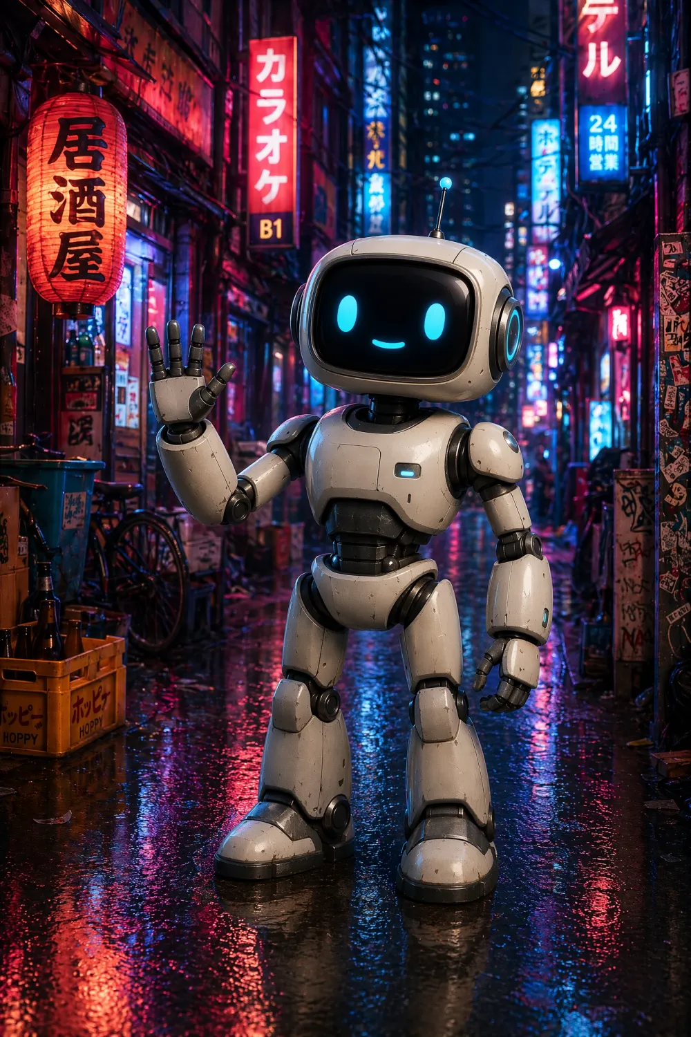 AI robot character in a neon-lit Tokyo alleyway at night
