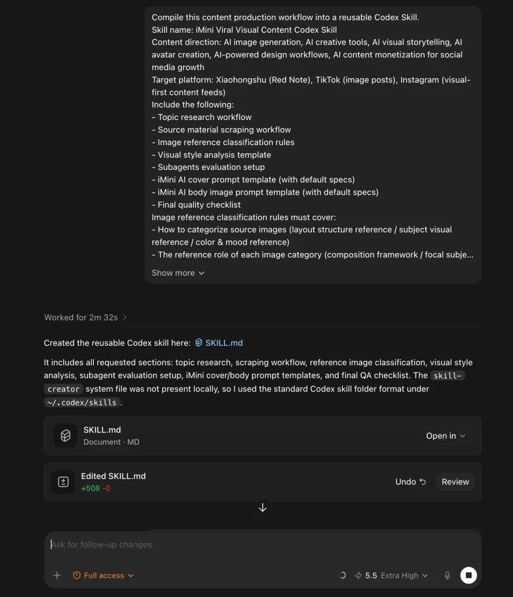 Saving content production workflow as reusable Codex Skill