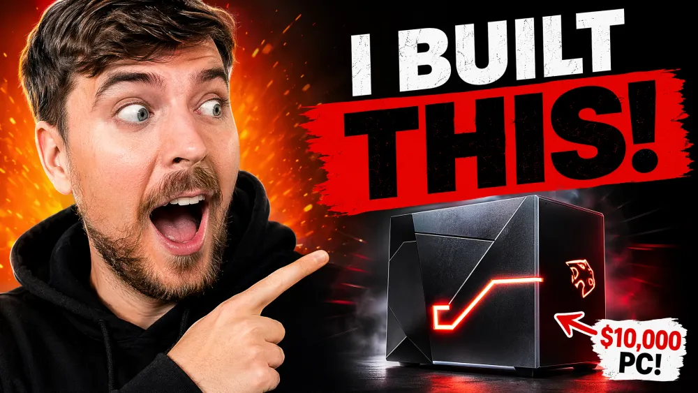 YouTube thumbnail — expressive face left, bold hook text right, 16:9 format