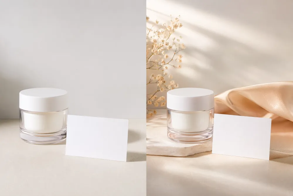 Before-and-after AI edit review scene with two clear visual zones for comparing changes.