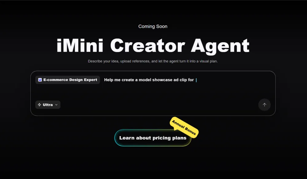 The New Task entry in iMini AI Agent turns trends, files, campaign ideas, or creative briefs into executable tasks.