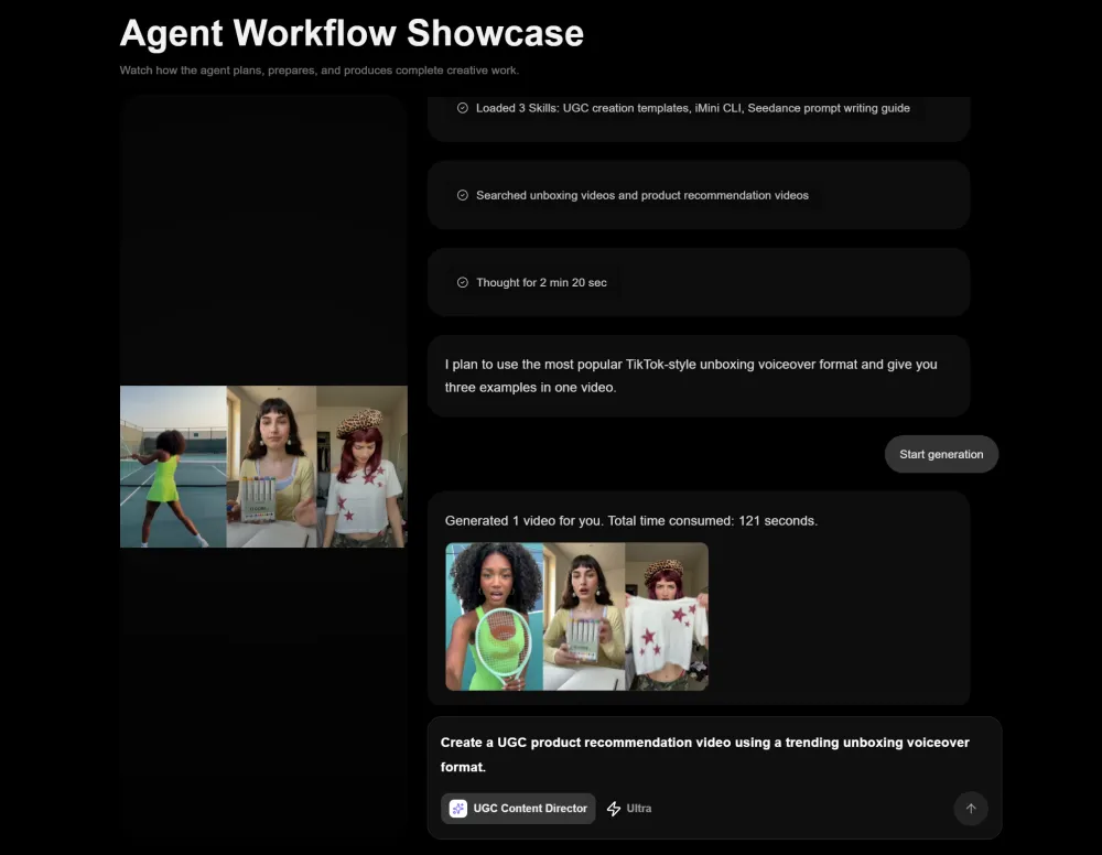 One AI trend can become a launch article, ad concepts, PPT structure, and campaign visual direction inside iMini AI Agent.
