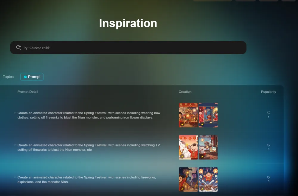 Inspiration helps creators start from proven content structures and expand them into articles, social posts, and video plans.
