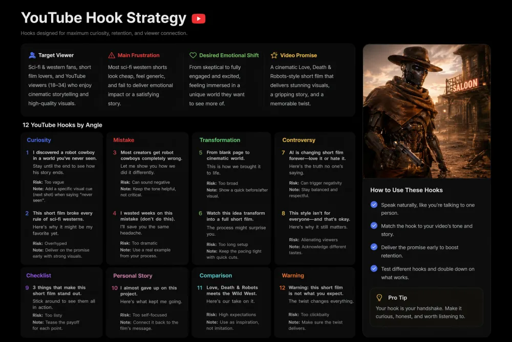iMini Agent YouTube hook strategy workflow with hooks, titles, thumbnails, and short-form assets