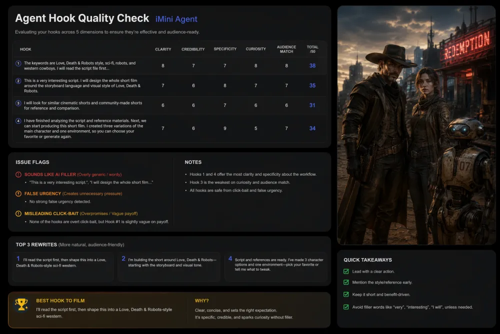AI hook quality-control dashboard for scoring clarity, credibility, and curiosity
