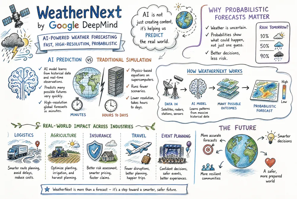 An AI weather forecasting dashboard showing probability bands, real-world planning, and WeatherNext-style prediction signals.